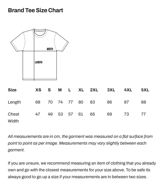 T Shirt Size Chart